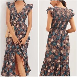 Anthropologie Smocked Ruffle Midi Peasant Dress Patchwork Size L Cottagecore